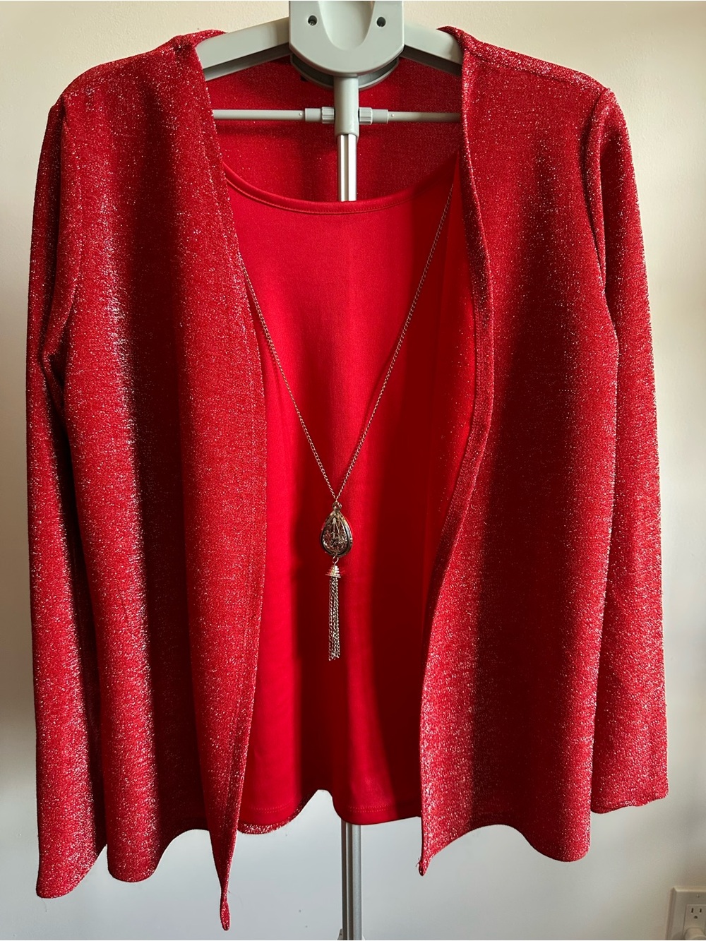 Women's Red Shimmer Open-Front Cardigan Sweater
